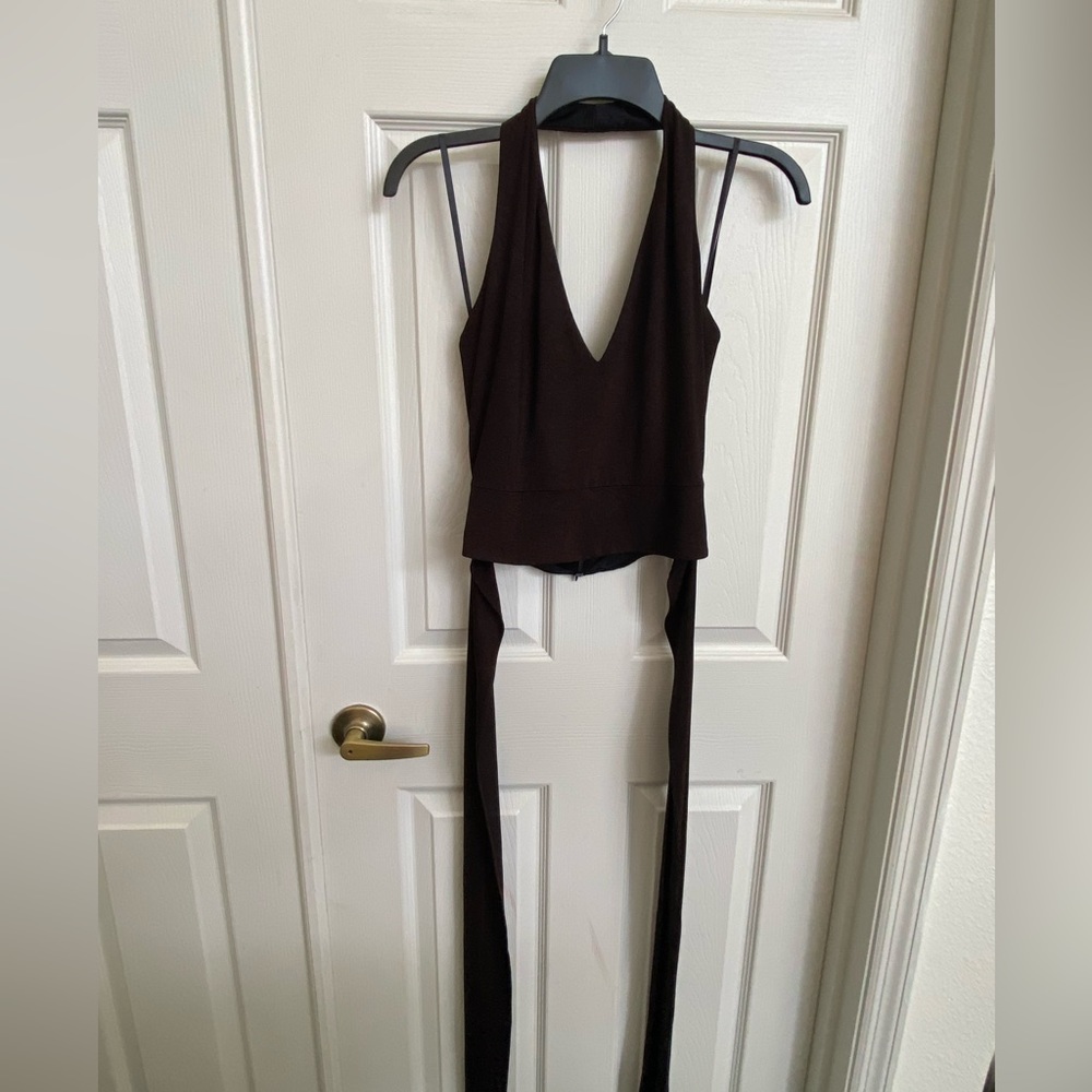 Ladies halter top size 8 dark brown with shimmer of red sparkle. By Cache